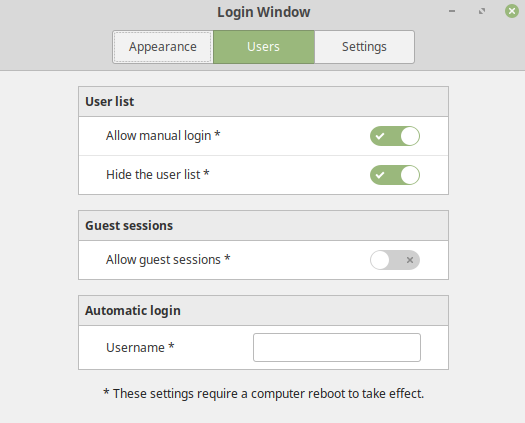 Login Window Settings